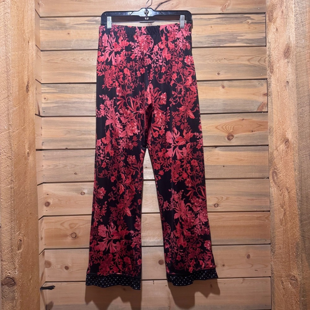 MAJAMAS EARTH Floral Pajama Pants Black Red Polka Dot‎ Trim Lounge Sleep M - Picture 5 of 7